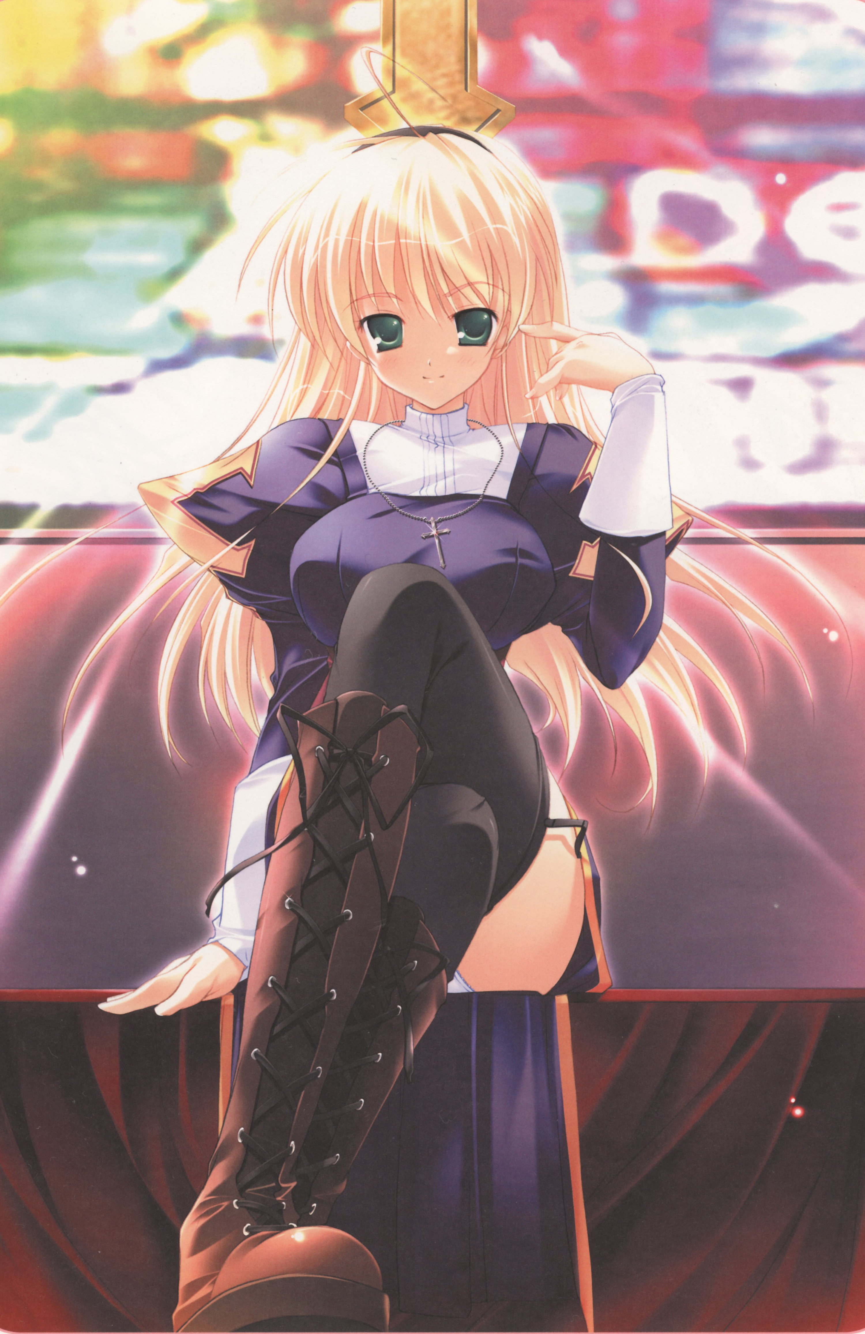 mikeou, priest (ragnarok online), ragnarok online, absurdres, highres, blush, boots, breasts, long hair, panties, priest, underwear