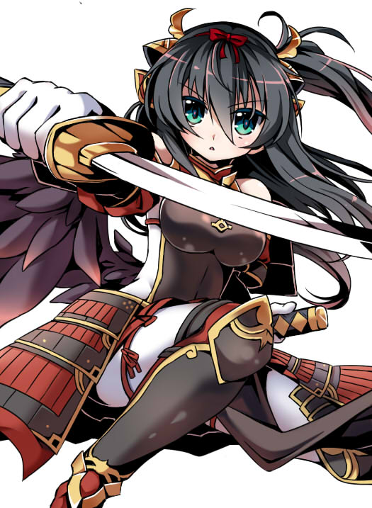 poporu, emil chronicle online, 1girl, armor, bare shoulders, bird girl, black hair, black wings, bodysuit, breastplate, breasts, gloves, green eyes, hair ornament, hair ribbon, holding, holding sword, holding weapon, houou alma, japanese armor, katana, kusazuri, large breasts, long hair, one side up, open mouth, red ribbon, ribbon, shin guards, solo, sword, weapon, white background, white bodysuit, white gloves, wings