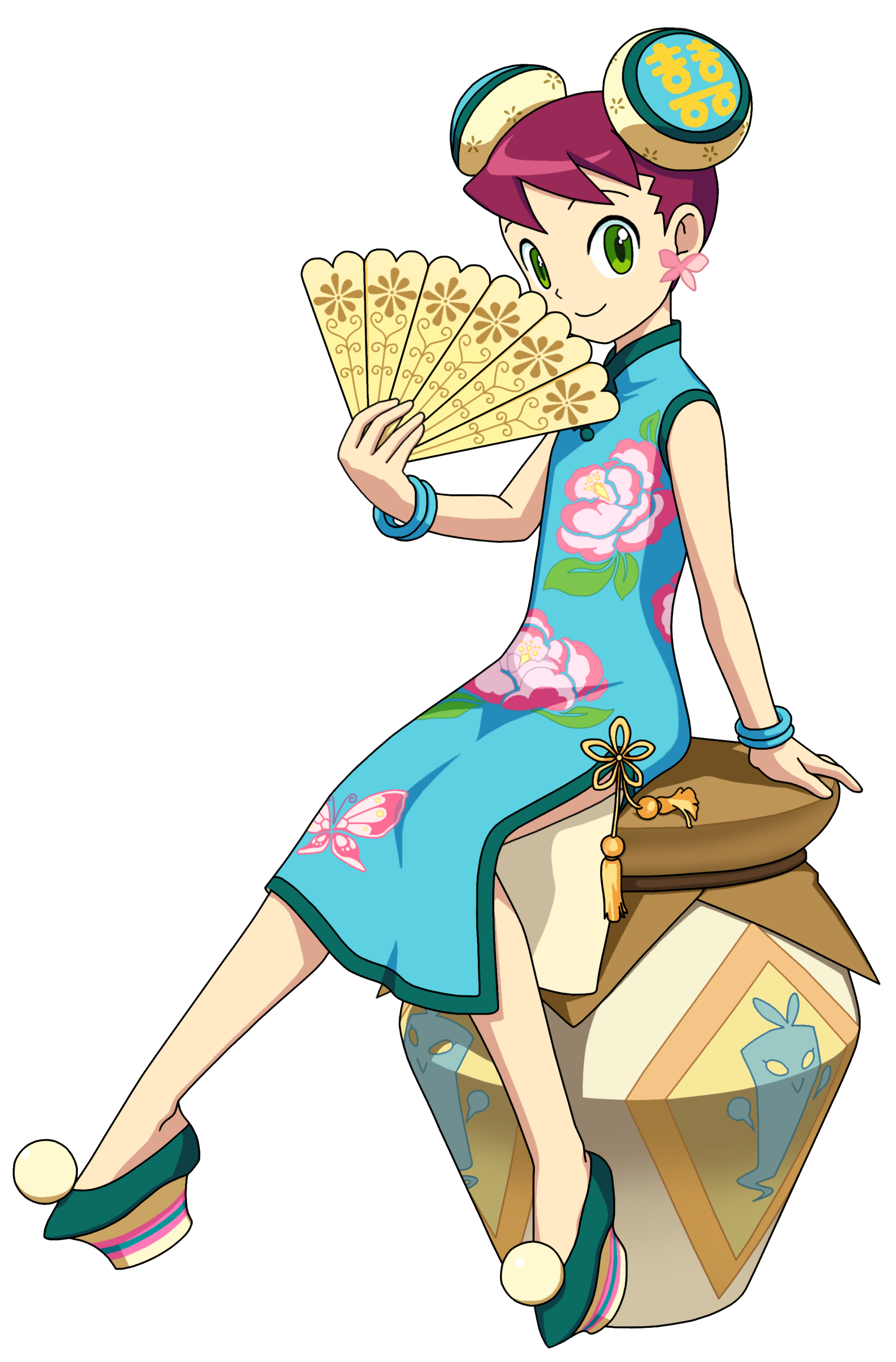 misora, capcom, mega man (series), absurdres, derivative work, highres, vector trace, arm support, china dress, chinese clothes, dress, flat chest, hand fan, short hair, simple background, sitting, white background