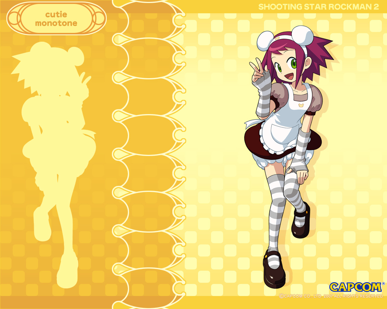 misora, capcom, mega man (series), striped legwear, apron, flat chest, maid, maid apron, short hair, skirt, thighhighs
