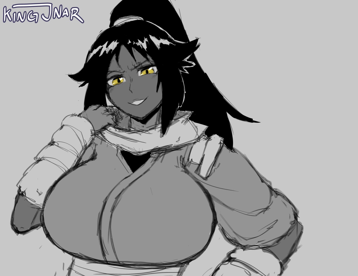 kingjnar, shihouin yoruichi, bleach, 1girl, 2025, artist name, black hair, breasts, dark-skinned female, dark skin, female focus, grey background, hand on own hip, large breasts, long hair, looking at viewer, monochrome, parted bangs, ponytail, simple background, upper body, yellow eyes