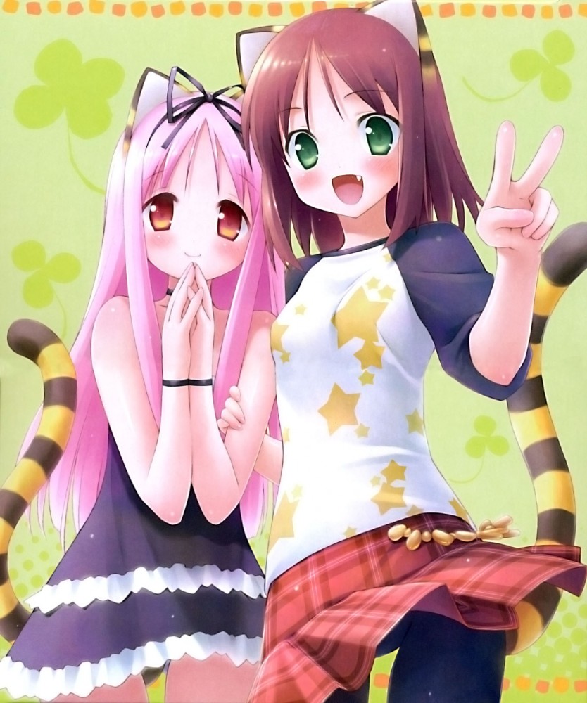 animal ears, cat ears, cat tail, fang, flat chest, gothic lolita, lolita fashion, long hair, short hair, skirt, spandex, tail