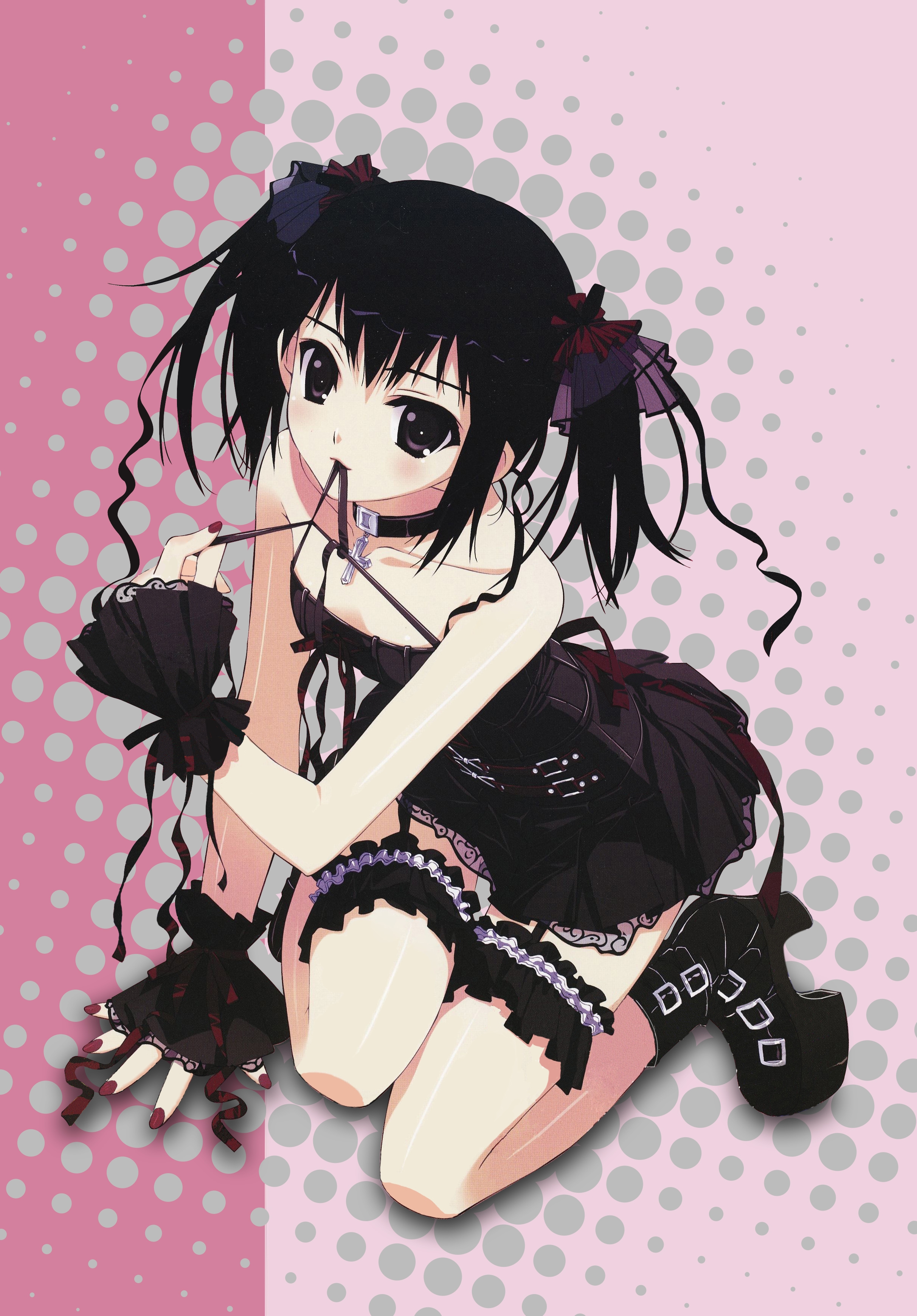 murakami suigun, absurdres, highres, non-web source, 1girl, black hair, blush, boots, bow, choker, female focus, flat chest, goth fashion, nail polish, red nails, ribbon, short hair, skirt, solo, twintails