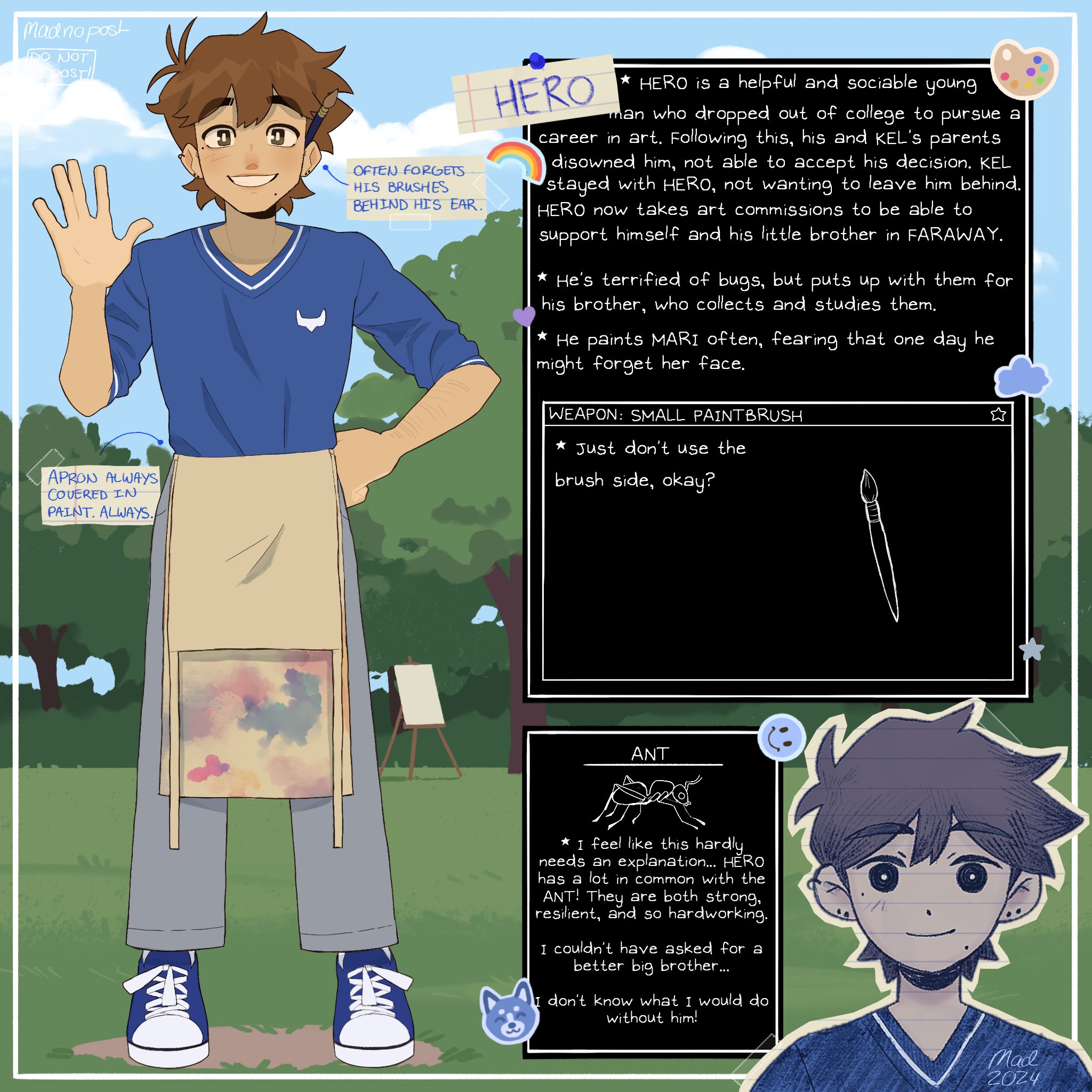 madnopost, hero (faraway) (omori), hero (omori), omori, highres, 1boy, 2024, alternate costume, alternate universe, antenna hair, apron, artist name, blue shoes, blue sky, bright pupils, brown eyes, brown hair, character name, cloud, dark-skinned male, dark skin, day, double-parted bangs, ear piercing, easel, english text, full body, grey pants, grin, looking at viewer, male focus, mole, mole under eye, mole under mouth, omocat (style), open mouth, outdoors, paintbrush, pants, piercing, shoes, short hair, short sleeves, sky, sleeves rolled up, smile, sneakers, solo, teeth, tree, white apron, white pupils