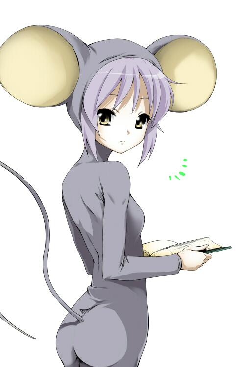 maskman, nagato yuki, suzumiya haruhi no yuuutsu, silver hair, non-web source, 00s, animal costume, animal ears, ass, blush, book, flat chest, mouse costume, mouse ears, mouse tail, mousegirl, open book, reading, short hair, solo, tail, yellow eyes