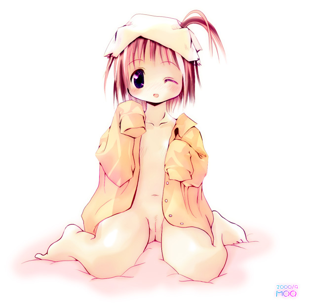 artist request, 1girl, barefoot, blush, feet, female focus, loli, no panties, one eye closed, oversized clothes, oversized shirt, purple eyes, pussy, red hair, shirt, solo, toes, wink