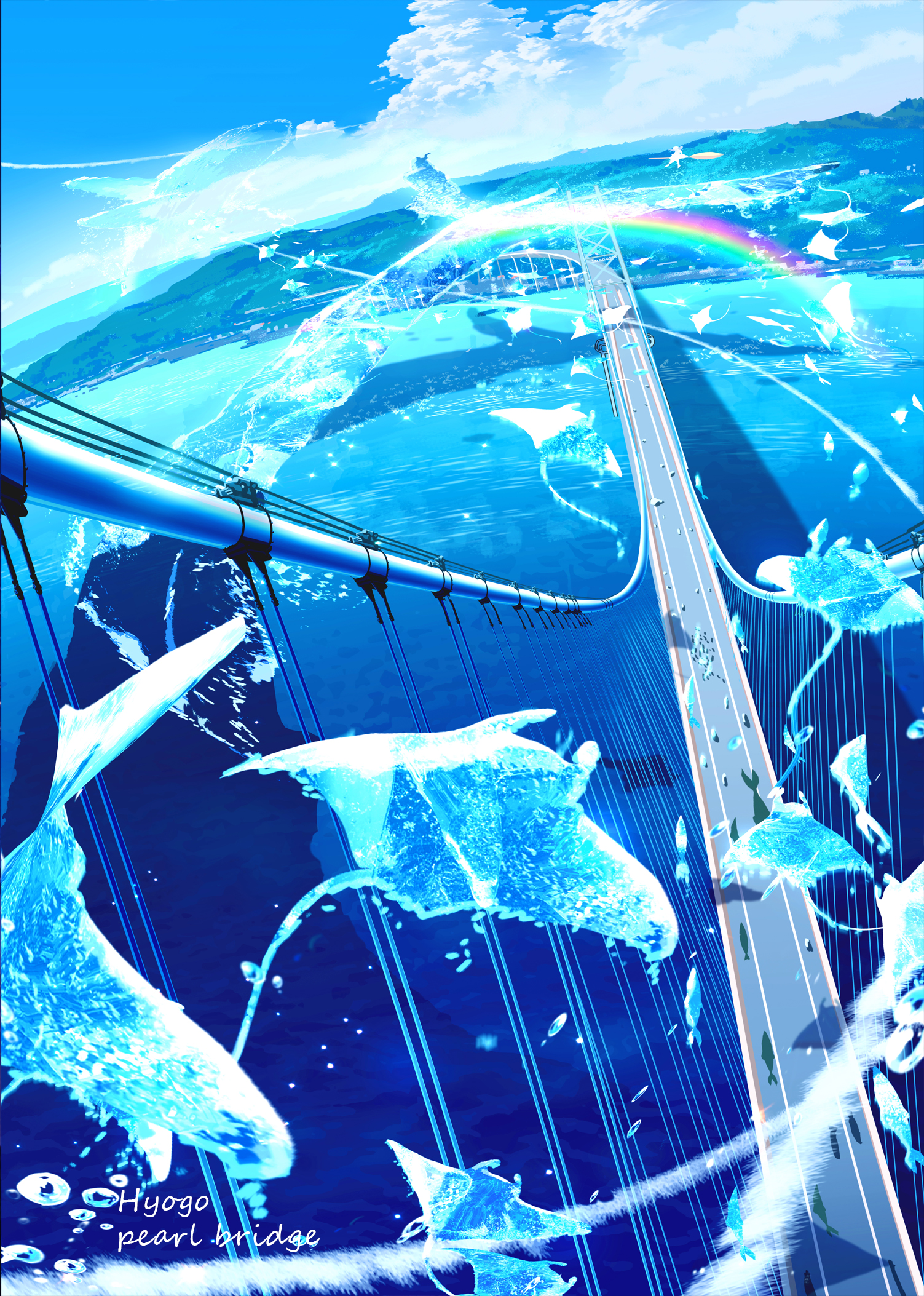 makoron117117, original, commentary request, highres, blue sky, bridge, cloud, day, kobe, landscape, manta ray, no humans, outdoors, rainbow, real world location, scenery, sky, strait, surreal, suspension bridge, water