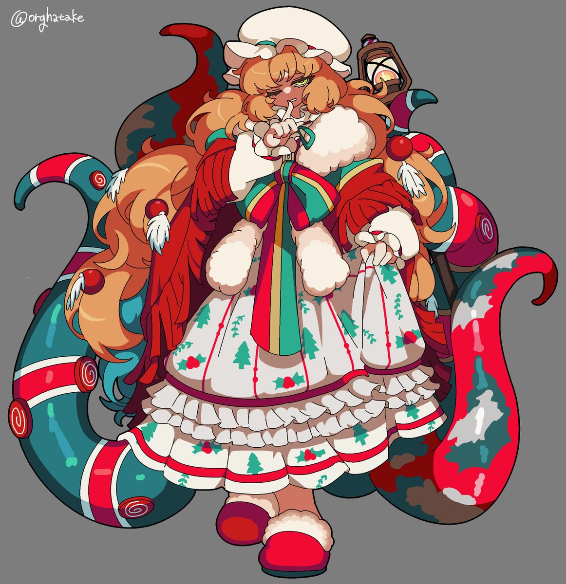 kekeken, ishmael (project moon), limbus company, project moon, highres, 1girl, bow, bowtie, christmas nightmare (e.g.o), christmas ornaments in hair, dress, e.g.o (project moon), finger to mouth, freckles, full body, fur-trimmed shawl, fur trim, green eyes, grey background, hat, long hair, looking at viewer, mob cap, one eye closed, orange hair, red shawl, red slippers, shawl, shushing, simple background, slippers, solo, standing, striped bow, striped bowtie, striped clothes, tentacles, white dress, white hat
