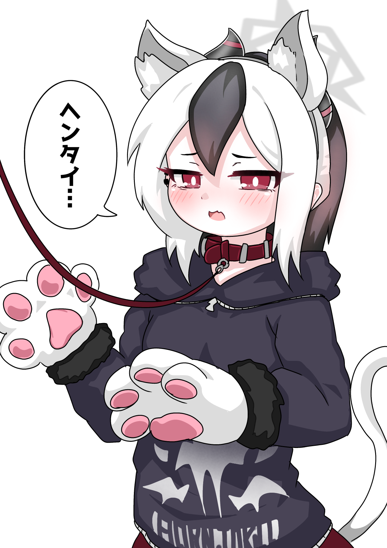 tomimon, kayoko (blue archive), blue archive, commentary request, highres, translated, 1girl, animal ear fluff, animal ears, animal hands, black hair, black hoodie, blush, cat ears, cat tail, collar, ear piercing, fake animal ears, fur-trimmed gloves, fur trim, gloves, grey hairband, hair between eyes, hairband, halo, hood, hood down, hoodie, horns, leash, multicolored hair, open mouth, paw gloves, piercing, ponytail, red collar, red eyes, red skirt, simple background, skirt, solo, tail, two-tone hair, white background, white gloves, white hair