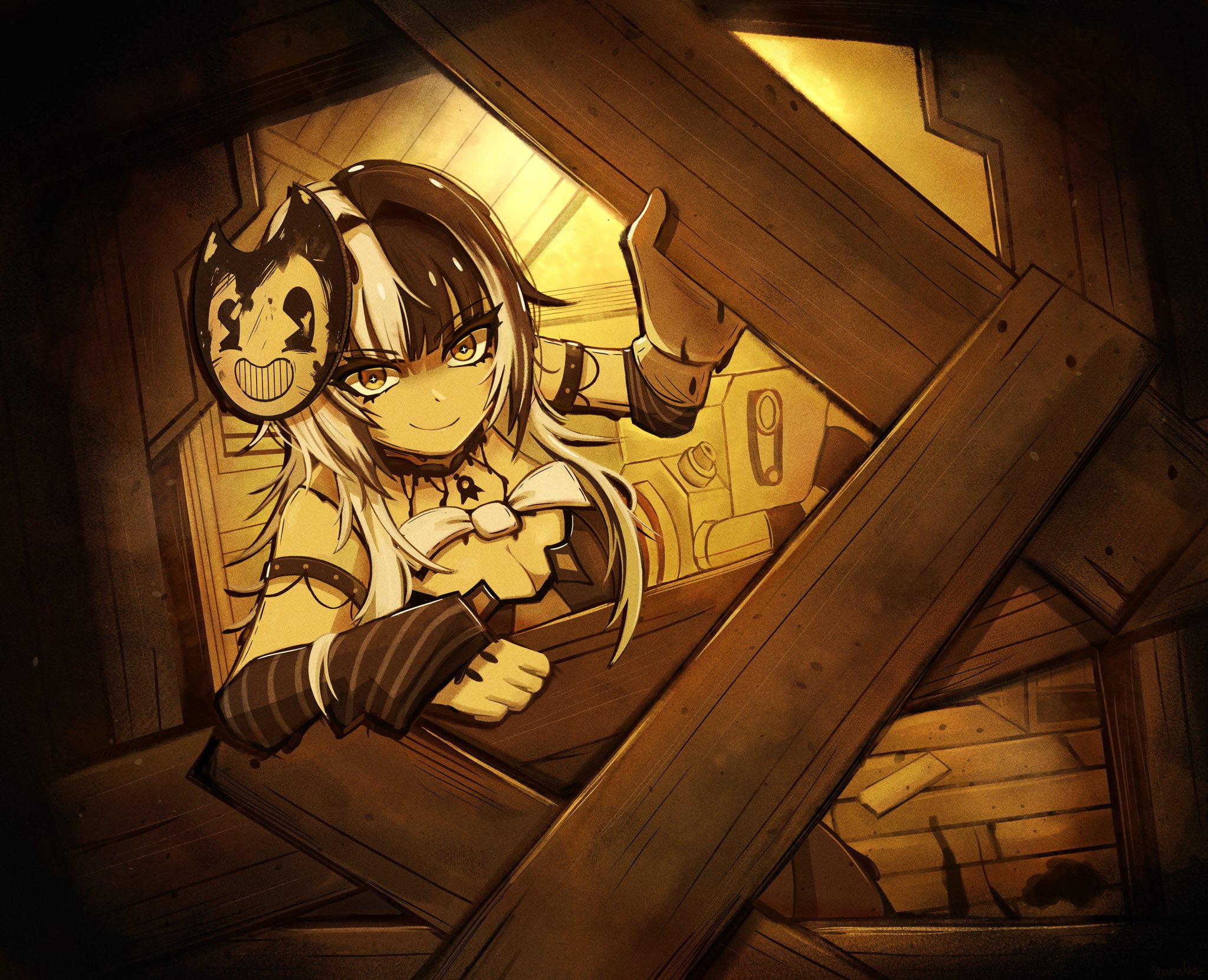 yume (yume ato29), bendy, shiori novella, shiori novella (1st costume), bendy and the ink machine, hololive, hololive english, commentary, english commentary, highres, 1girl, arm strap, bow, breasts, choker, cleavage, closed mouth, dress, gloves, large breasts, long hair, looking at viewer, mask, mask on head, monochrome, multicolored hair, plank, smile, solo, split-color hair, striped arm warmers, virtual youtuber