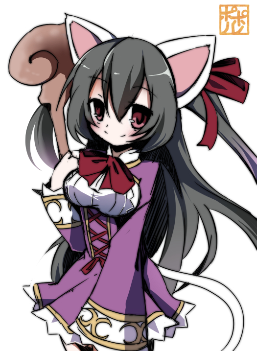 poporu, emil chronicle online, 1girl, animal ears, artist name, black hair, bow, breasts, cat ears, cat tail, dress, hair bow, holding, holding wand, large breasts, long hair, neck ribbon, purple dress, red bow, red eyes, red ribbon, ribbon, signature, solo, syugoma kanade, tail, two side up, wand, white background