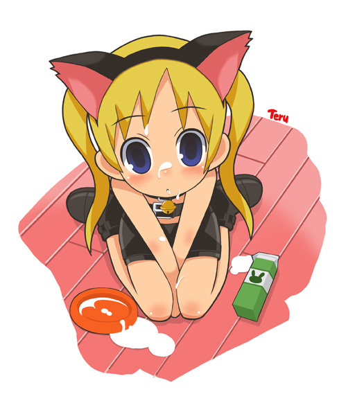 teru, animal ears, bell, blonde hair, blue eyes, blush, boots, cat ears, milk, saucer, spilt milk
