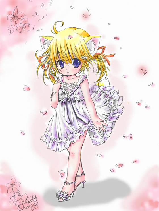 ahoge, animal ears, blonde hair, blue eyes, blush, cat ears, dress, flat chest, high heels, open shoes, shoes, white dress