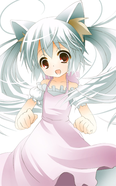 1girl, animal ears, cat ears, dress, female focus, flat chest, open mouth, pink dress, red eyes, solo, twintails, white hair