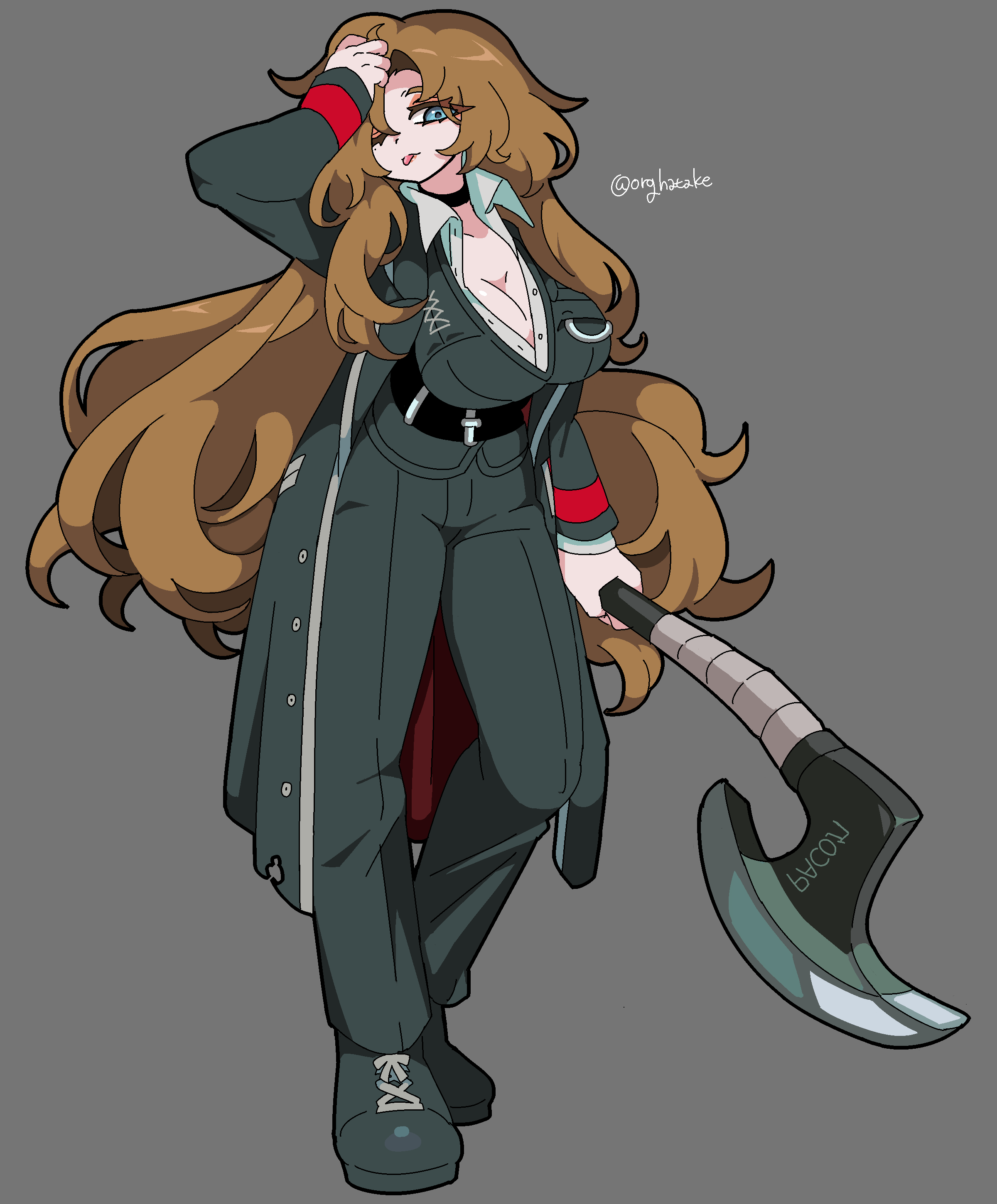 kekeken, rodion (project moon), limbus company, project moon, absurdres, highres, 1girl, :p, axe, black coat, black pants, black shoes, black vest, blue eyes, breasts, brown hair, cleavage, coat, collared shirt, full body, grey background, holding, holding axe, large breasts, long hair, long sleeves, looking at viewer, one eye closed, pants, parted bangs, shirt, shoes, simple background, solo, standing, tongue, tongue out, vest, white shirt
