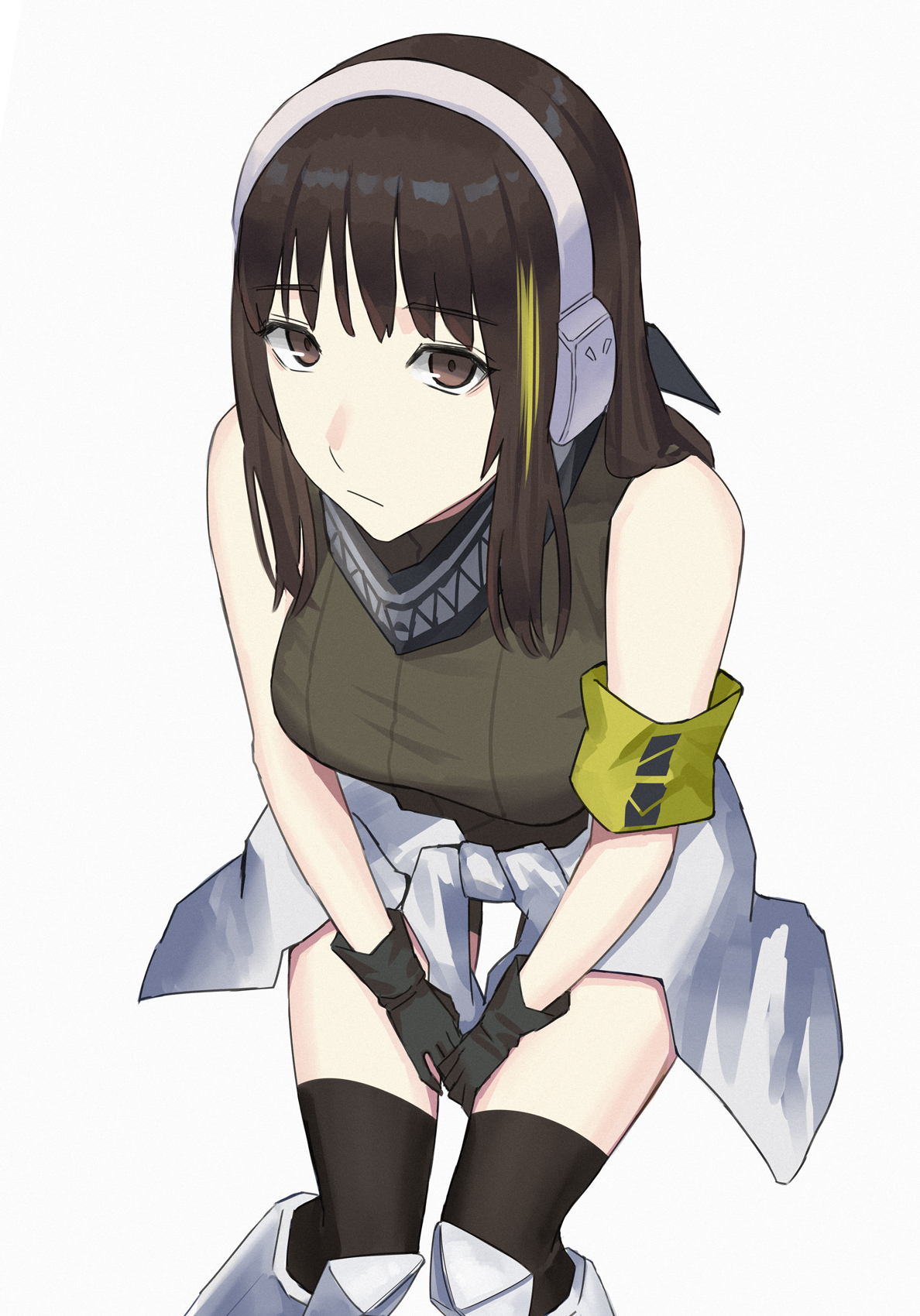 asakiri koko, m4a1 (girls' frontline), girls' frontline, commentary request, highres, 1girl, :/, armband, bandana, bandana around neck, black bandana, black gloves, black shorts, black thighhighs, breasts, brown eyes, brown hair, clothes around waist, from above, gloves, green armband, green hair, green sweater, headphones, invisible chair, jacket, jacket around waist, knee pads, long hair, looking at viewer, medium breasts, multicolored hair, short shorts, shorts, sidelocks, simple background, sitting, skull print, sleeveless, sleeveless sweater, solo, streaked hair, sweater, thighhighs, white background, white jacket
