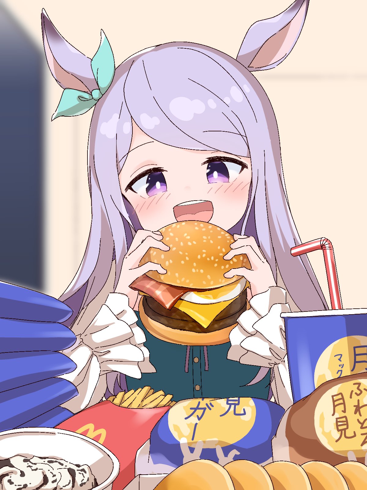 comomo, mejiro mcqueen (umamusume), mcdonald's, umamusume, highres, 1girl, animal ears, aqua bow, bacon, blue dress, blush, bow, burger, cheese, cup, disposable cup, dress, drinking straw, ear bow, eating, egg, food, french fries, holding, holding burger, holding food, horse ears, horse girl, ice cream, long hair, long sleeves, open mouth, pancake, purple eyes, purple hair, smile, solo, teeth, upper teeth only, white dress