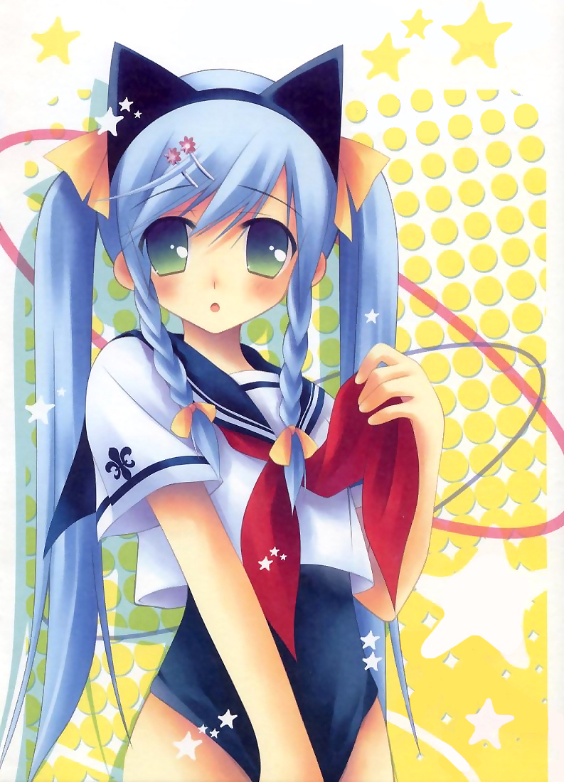 zinno, animal ears, blue hair, blush, braid, cat ears, flat chest, green eyes, hair ornament, hairpin, no pants, one-piece swimsuit, ribbon, school swimsuit, school uniform, serafuku, solo, star (symbol), swimsuit, swimsuit under clothes, twin braids, twintails, yellow ribbon