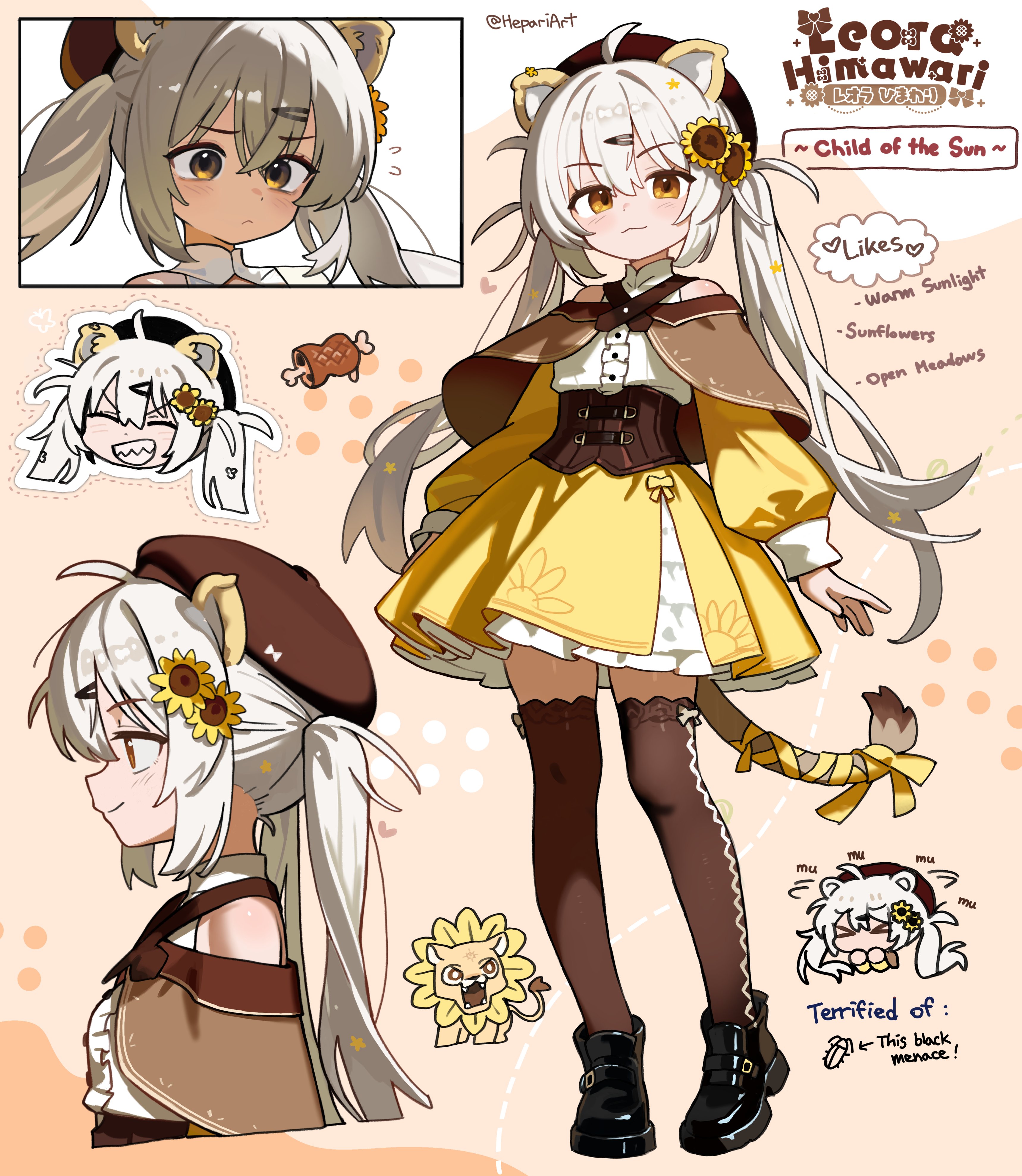 hepari, indie virtual youtuber, absurdres, highres, 1girl, :3, ahoge, animal ears, black boots, boots, brown eyes, brown thighhighs, closed mouth, grey hair, grin, hair between eyes, hair ornament, hairclip, leora himawari, lion ears, lion girl, lion tail, long hair, long sleeves, looking at viewer, low twintails, sharp teeth, smile, tail, teeth, thighhighs, twintails, virtual youtuber