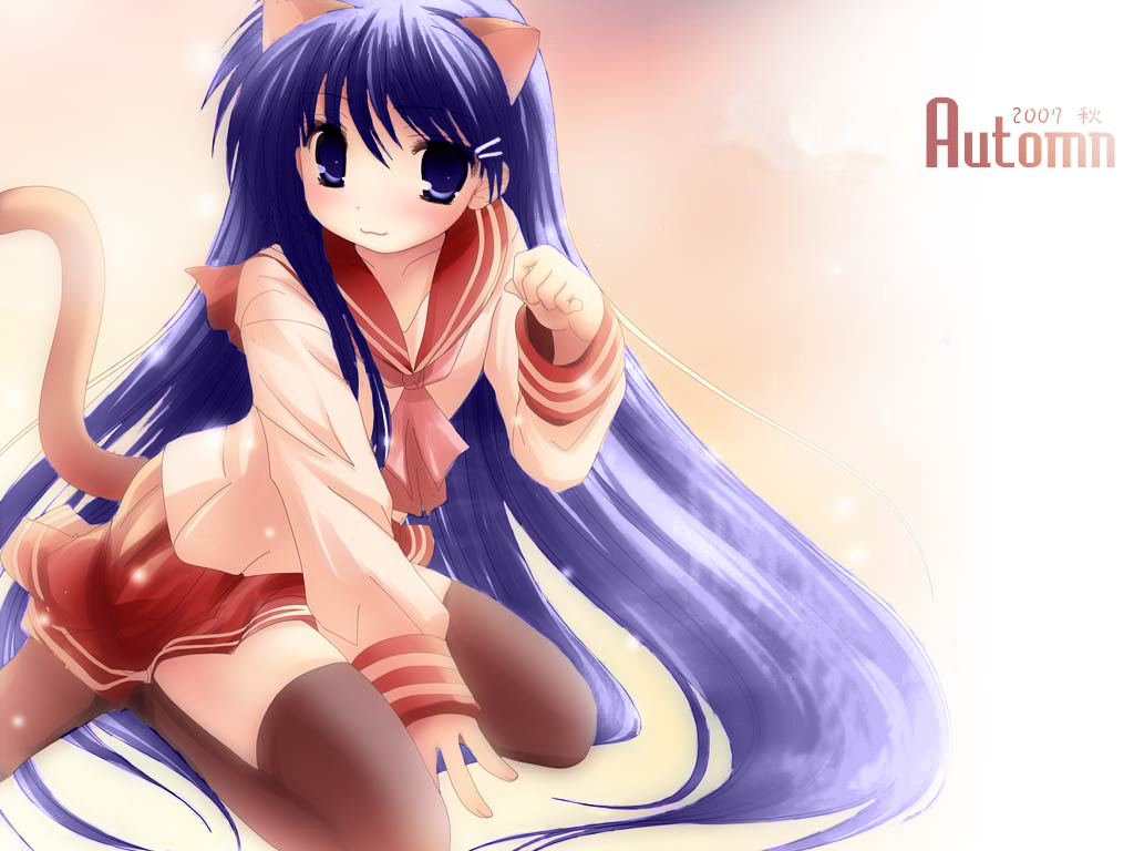 :3, animal ears, blush, cat ears, cat tail, flat chest, purple eyes, purple hair, school uniform, serafuku, tail, thighhighs