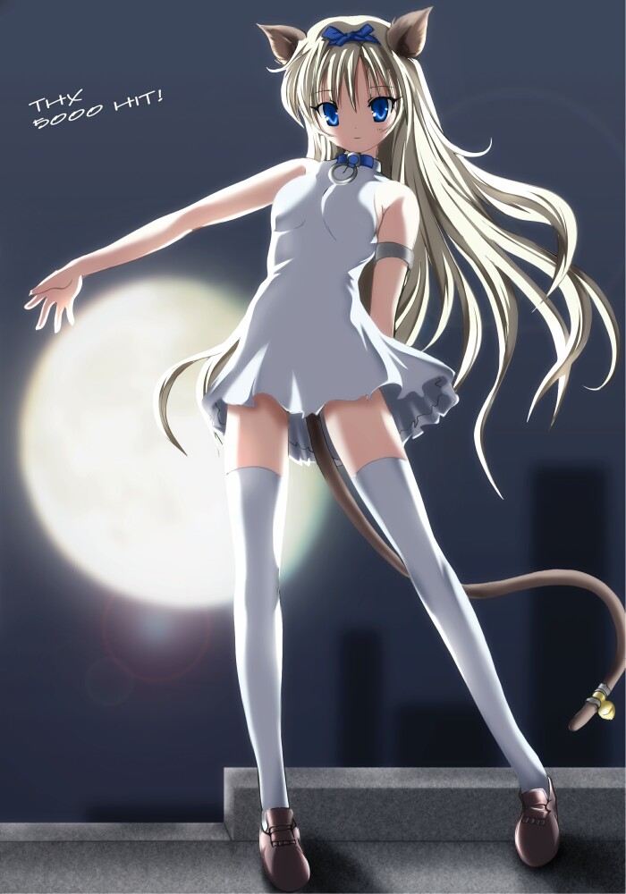 animal ears, arm behind back, armband, bell, blonde hair, blue eyes, blue ribbon, cat ears, cat tail, collar, dress, moon, purple shoes, ribbon, shoes, tail, thighhighs, white dress