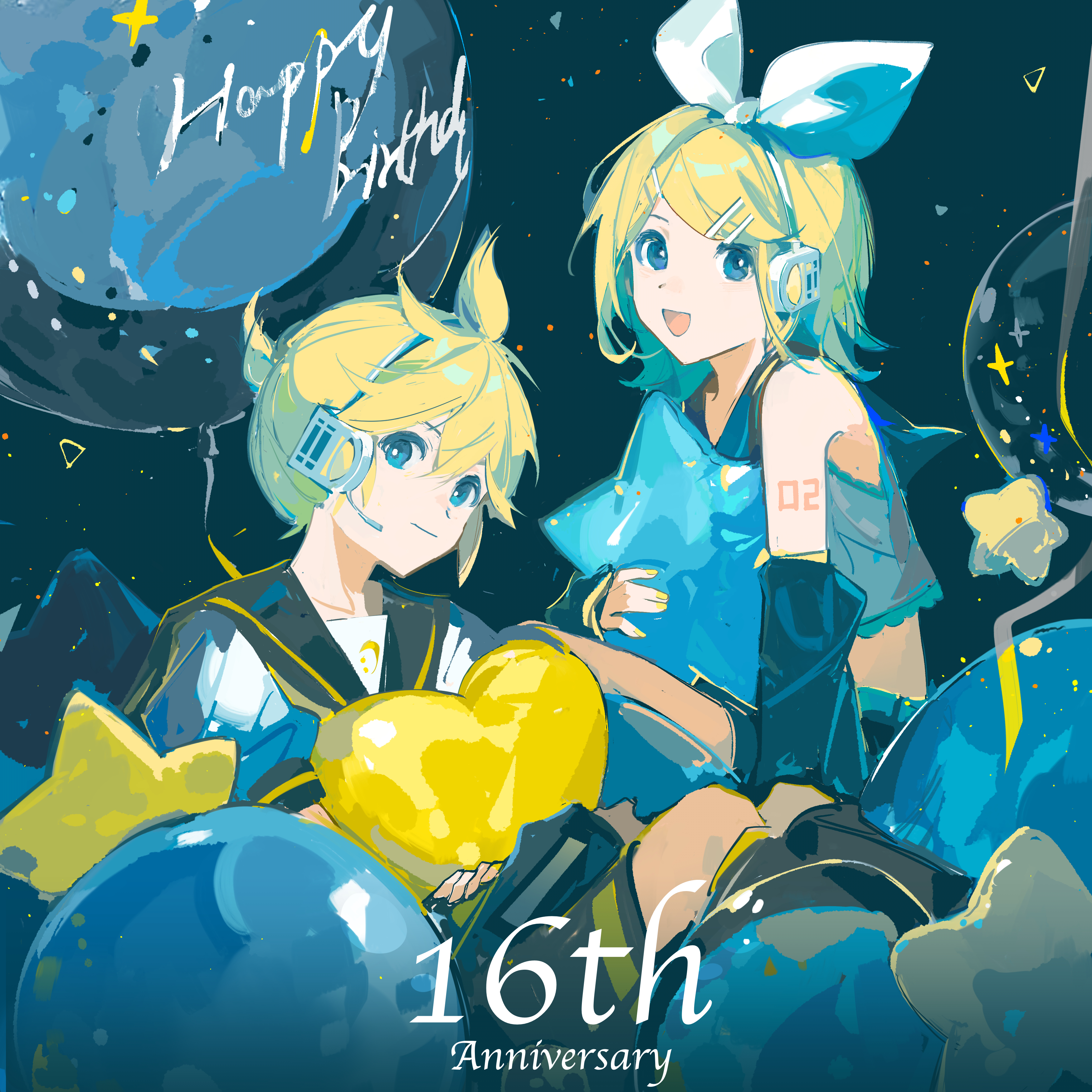 irple, kagamine len, kagamine rin, vocaloid, absurdres, highres, 1boy, 1girl, anniversary, balloon, bass clef, black sleeves, blonde hair, blue eyes, bow, detached sleeves, hair bow, hair ornament, hairclip, headphones, headset, heart balloon, holding, looking at viewer, number tattoo, open mouth, ponytail, sailor collar, shirt, short hair, short ponytail, shorts, shoulder tattoo, sitting, smile, star balloon, tattoo, treble clef, white bow, yellow nails