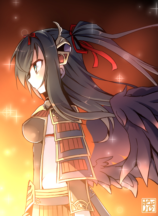 poporu, emil chronicle online, 1girl, armor, artist name, bird girl, black wings, bodysuit, bow, breastplate, breasts, fiery background, fire, from side, gloves, green eyes, hair bow, hair ornament, hair ribbon, houou alma, japanese armor, large breasts, one side up, red bow, red ribbon, ribbon, shoulder armor, signature, solo, white bodysuit, white gloves, wings
