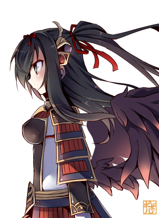 poporu, emil chronicle online, 1girl, armor, artist name, bird girl, black wings, bodysuit, bow, breastplate, breasts, from side, gloves, green eyes, hair bow, hair ornament, hair ribbon, houou alma, japanese armor, large breasts, one side up, red bow, red ribbon, ribbon, shoulder armor, signature, solo, white background, white bodysuit, white gloves, wings