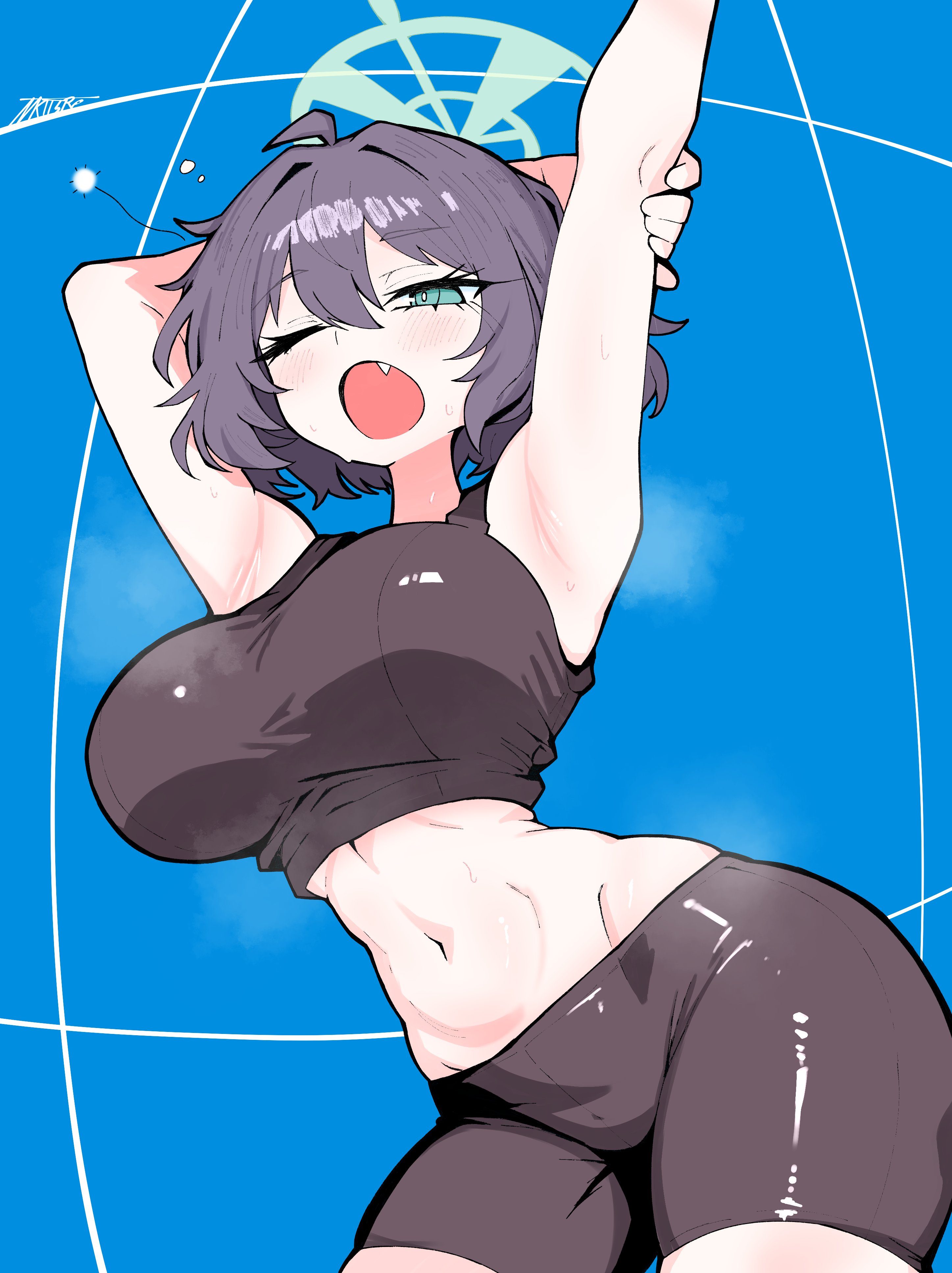 miketsushuu, saki (blue archive), blue archive, absurdres, commentary request, highres, 1girl, ahoge, aqua eyes, aqua halo, arched back, arm behind head, armpits, arms up, artist name, bare arms, bike shorts, black hair, black shirt, black shorts, blue background, blush, breasts, bright pupils, cowboy shot, crop top, double-parted bangs, fang, grid background, hair between eyes, hair intakes, halo, large breasts, messy hair, midriff, navel, one eye closed, open mouth, shirt, short hair, shorts, sidelocks, signature, skindentation, sleeveless, sleeveless shirt, solo, squeans, steaming body, stomach, stretching, sweat, toned, toned female, waking up, white pupils, yawning