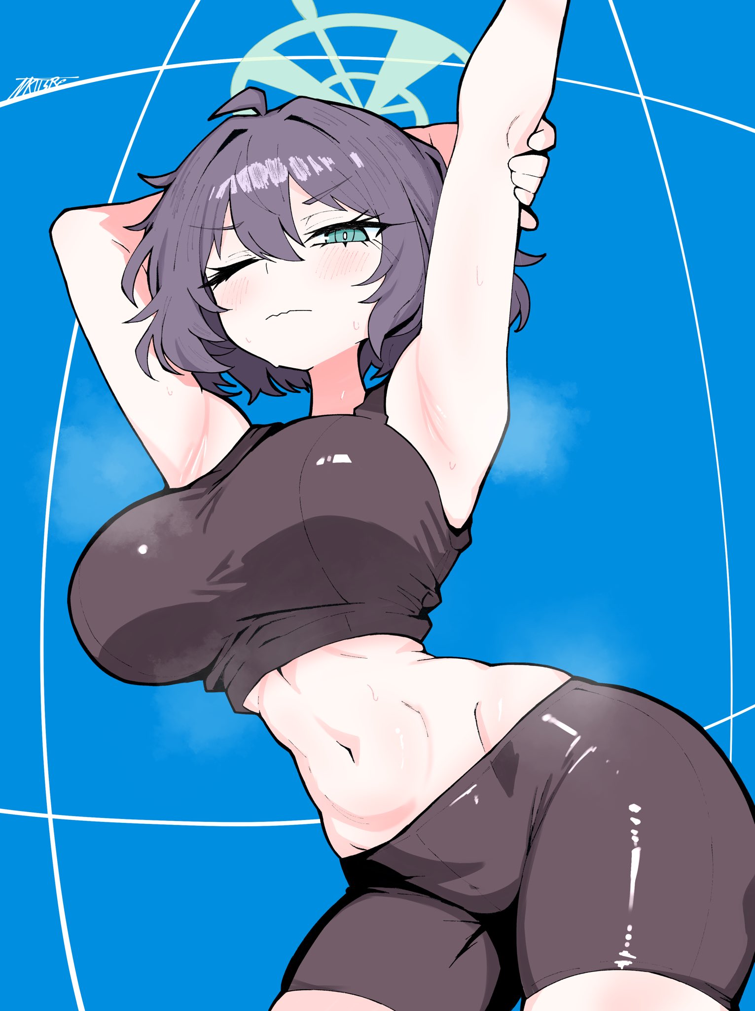 miketsushuu, saki (blue archive), blue archive, commentary request, highres, 1girl, ahoge, aqua eyes, aqua halo, arched back, arm behind head, armpits, arms up, artist name, bare arms, bike shorts, black hair, black shirt, black shorts, blue background, blush, breasts, bright pupils, closed mouth, cowboy shot, crop top, double-parted bangs, grid background, hair between eyes, hair intakes, halo, large breasts, looking at viewer, messy hair, midriff, navel, one eye closed, shirt, shorts, sidelocks, signature, skindentation, sleeveless, sleeveless shirt, solo, steaming body, stomach, stretching, sweat, toned, toned female, waking up, white pupils
