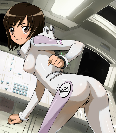 haruyama kazunori, morita yukari, rocket girls, light, 00s, 1girl, ass, bent over, black hair, blush, bob cut, bodysuit, breasts, brown eyes, brown hair, cockpit, covered erect nipples, female focus, from behind, indoors, looking back, parted bangs, pussy, see-through clothes, shiny clothes, short hair, skin tight, smile, solo, spacesuit, spandex