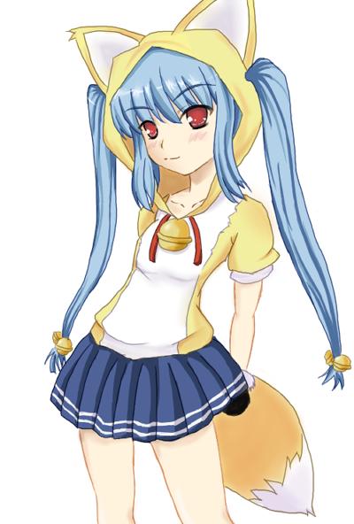 kooh (pangya), pangya, animal ears, bell, blue hair, blush, fox, fox ears, red eyes, skirt