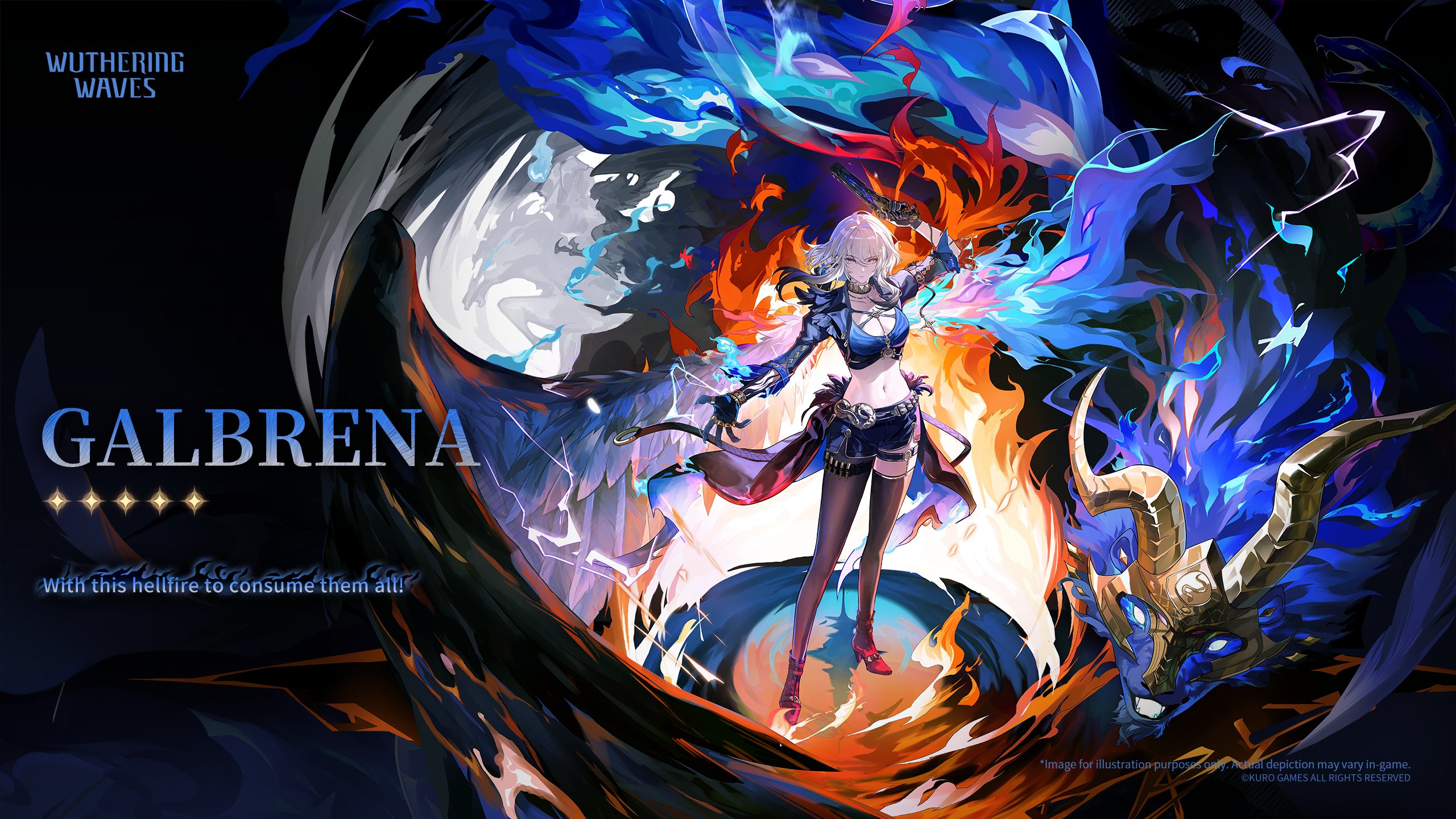 galbrena (wuthering waves), wuthering waves, commentary, english commentary, highres, official art, 1girl, arm up, black choker, black jacket, black pantyhose, black shoes, black shorts, black thighhighs, blue bra, bra, breasts, character name, choker, cleavage, cropped jacket, english text, grey hair, gun, hair between eyes, high heels, holding, holding gun, holding weapon, jacket, logo, looking at viewer, medium breasts, medium hair, navel, outstretched arm, pantyhose, shoes, shorts, single leg pantyhose, single thighhigh, solo, standing, stomach, thighhighs, thighs, underwear, weapon