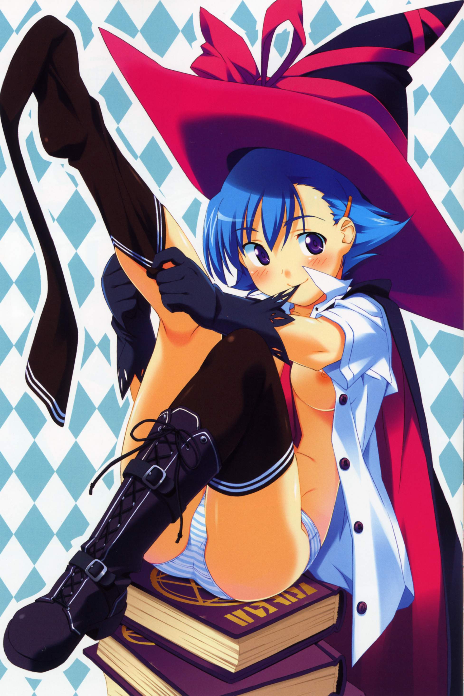kuuchuu yousai, absurdres, highres, non-web source, 1girl, adjusting clothes, adjusting legwear, biting, biting glove, blue hair, blush, book, boots, bottomless, breasts, cape, dressing, elbow gloves, female focus, gloves, hair ornament, hairclip, hat, medium breasts, mouth hold, no bra, no pants, open clothes, open shirt, outstretched leg, panties, purple eyes, shirt, shoes, short hair, single shoe, smile, solo, striped clothes, striped panties, thighhighs, thighhighs pull, underwear, witch, witch hat