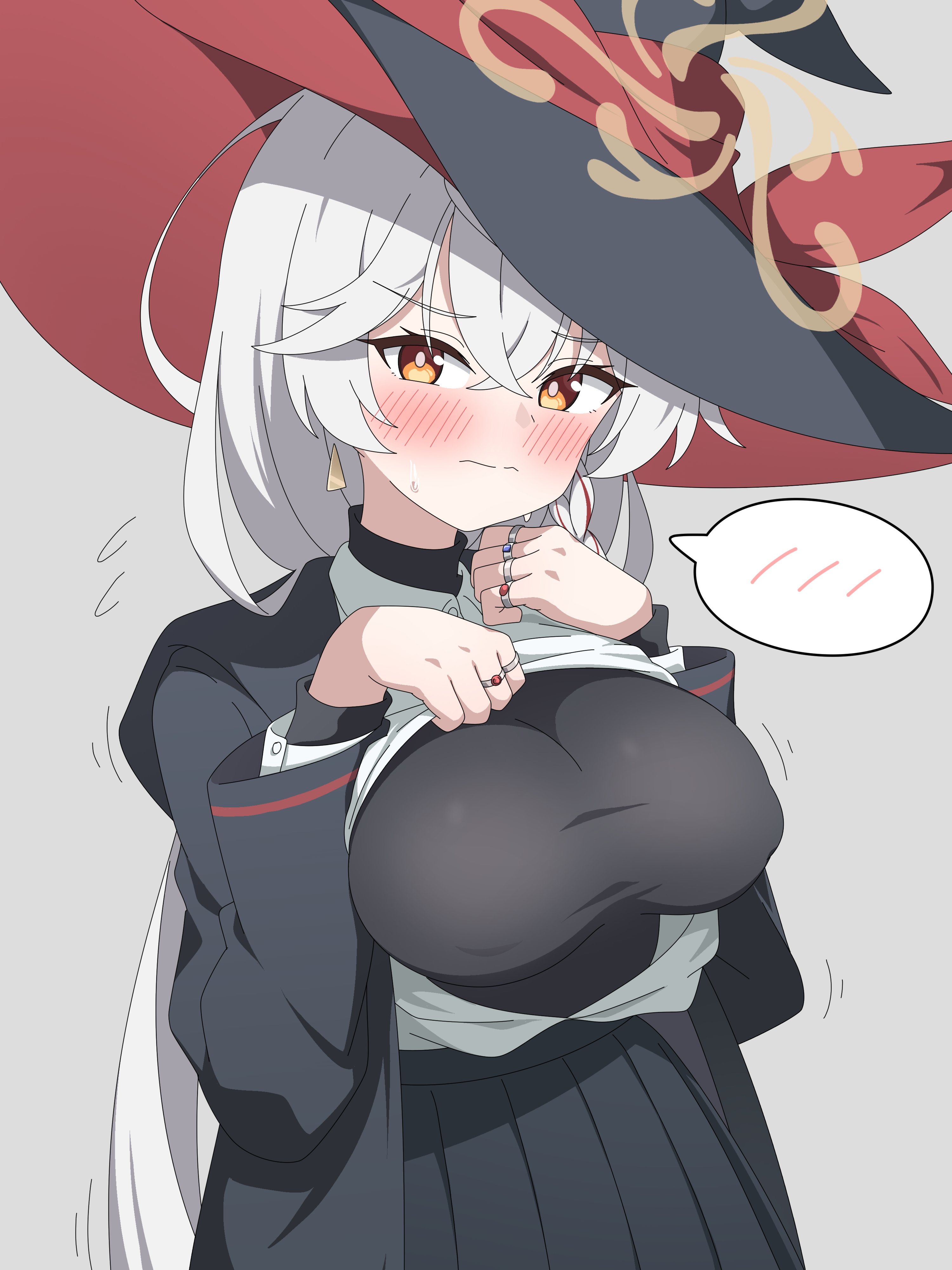 rehu (mangyu), eri (blue archive), blue archive, absurdres, highres, 1girl, arm under breasts, arms up, black hat, black jacket, black skirt, blush, braid, breasts, bright pupils, closed mouth, collared shirt, crossed bangs, earrings, eyelashes, flying sweatdrops, grey background, hair between eyes, halo, hat, jacket, jewelry, large breasts, layered clothes, light blush, long hair, long sleeves, looking at viewer, multicolored hair, multiple rings, open clothes, open jacket, orange eyes, pleated skirt, pulling own clothes, red streaks, ring, shirt, side braid, simple background, skirt, solo, standing, sweat, turtleneck, white hair, white shirt, witch hat, yellow halo