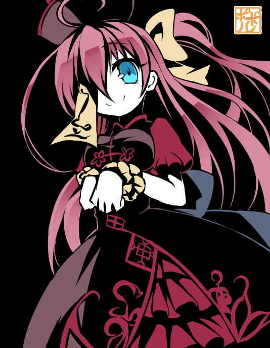 poporu, emil chronicle online, 1girl, artist name, black background, black dress, blue eyes, bow, breasts, brown hat, dress, frilled wrist cuffs, frills, hair bow, hair over one eye, hat, jiangshi, large breasts, long hair, ofuda, one side up, pink hair, red dress, signature, solo, specter alma, two-tone dress, wrist cuffs, yellow bow, yellow wrist cuffs