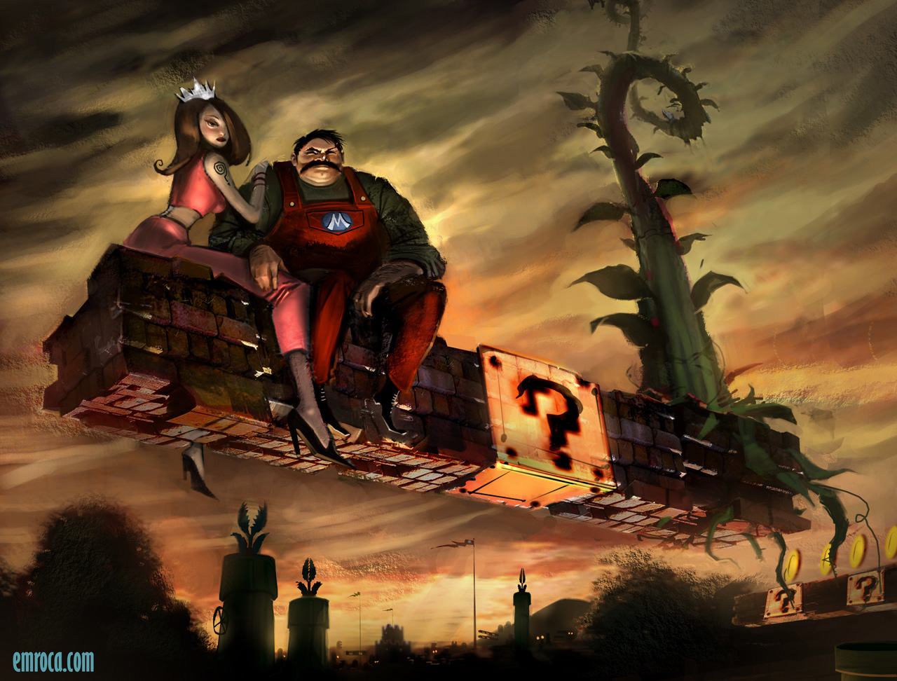 mario, piranha plant, princess peach, mario (series), nintendo, super mario bros. 1, 1boy, 1girl, ? block, epic, outdoors, sky, tattoo, warp pipe