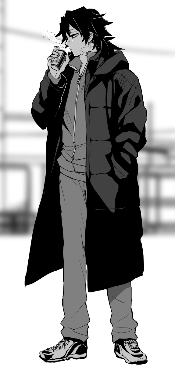 sinba (ying-hua), tomioka giyuu, kimetsu no yaiba, highres, 1boy, alternate costume, blurry, blurry background, can, coat, empty eyes, full body, greyscale, hair between eyes, half-closed eyes, hand up, holding, holding can, hood, hooded coat, jacket, long hair, low ponytail, male focus, monochrome, open clothes, open coat, pants, parted lips, ponytail, profile, shoes, solo, spiked hair, standing, zipper pull tab