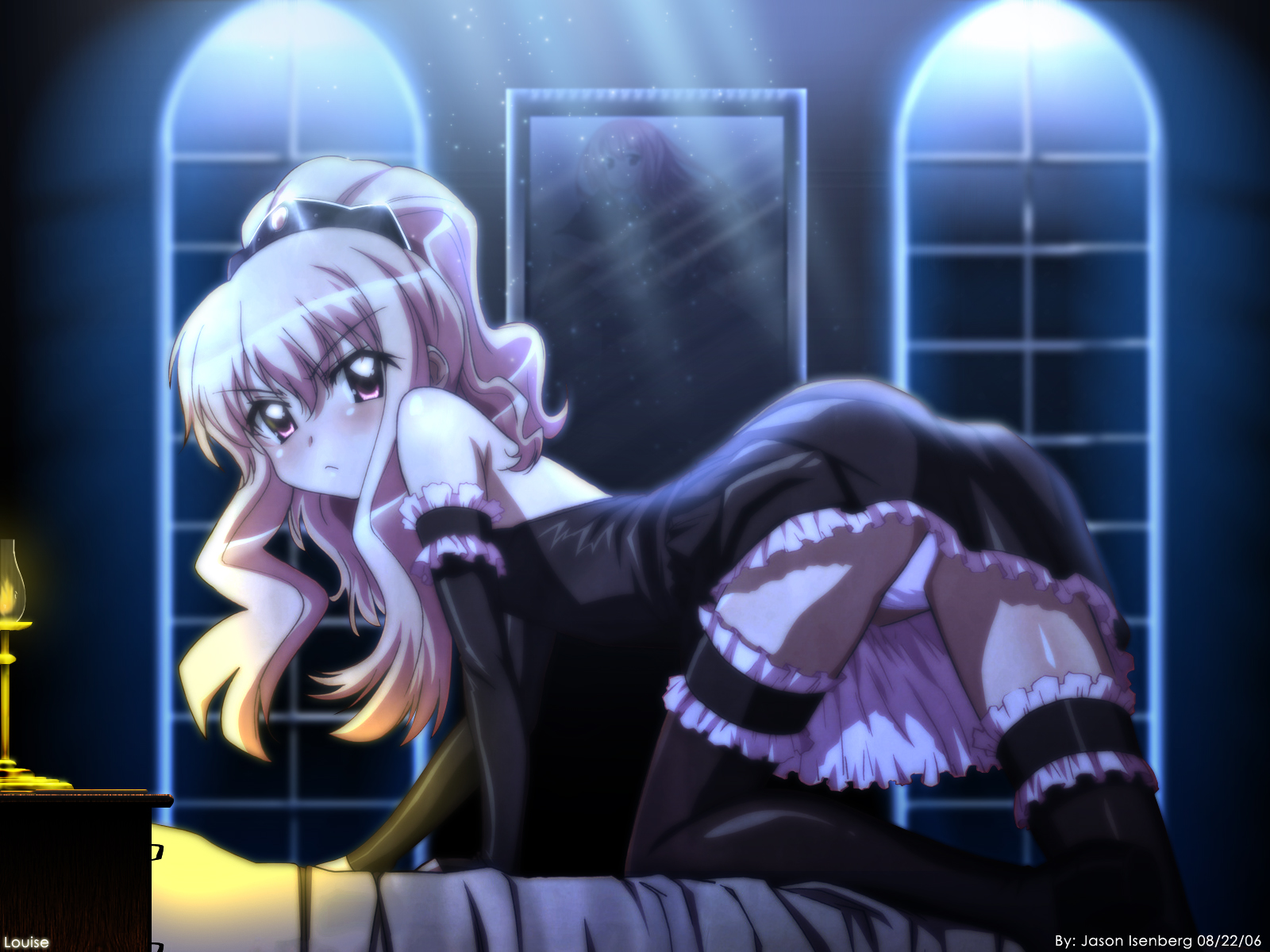 louise francoise le blanc de la valliere, zero no tsukaima, artist request, highres, 00s, ass, blush, elbow gloves, flat chest, gloves, loli, long hair, panties, skirt, thighhighs, underwear