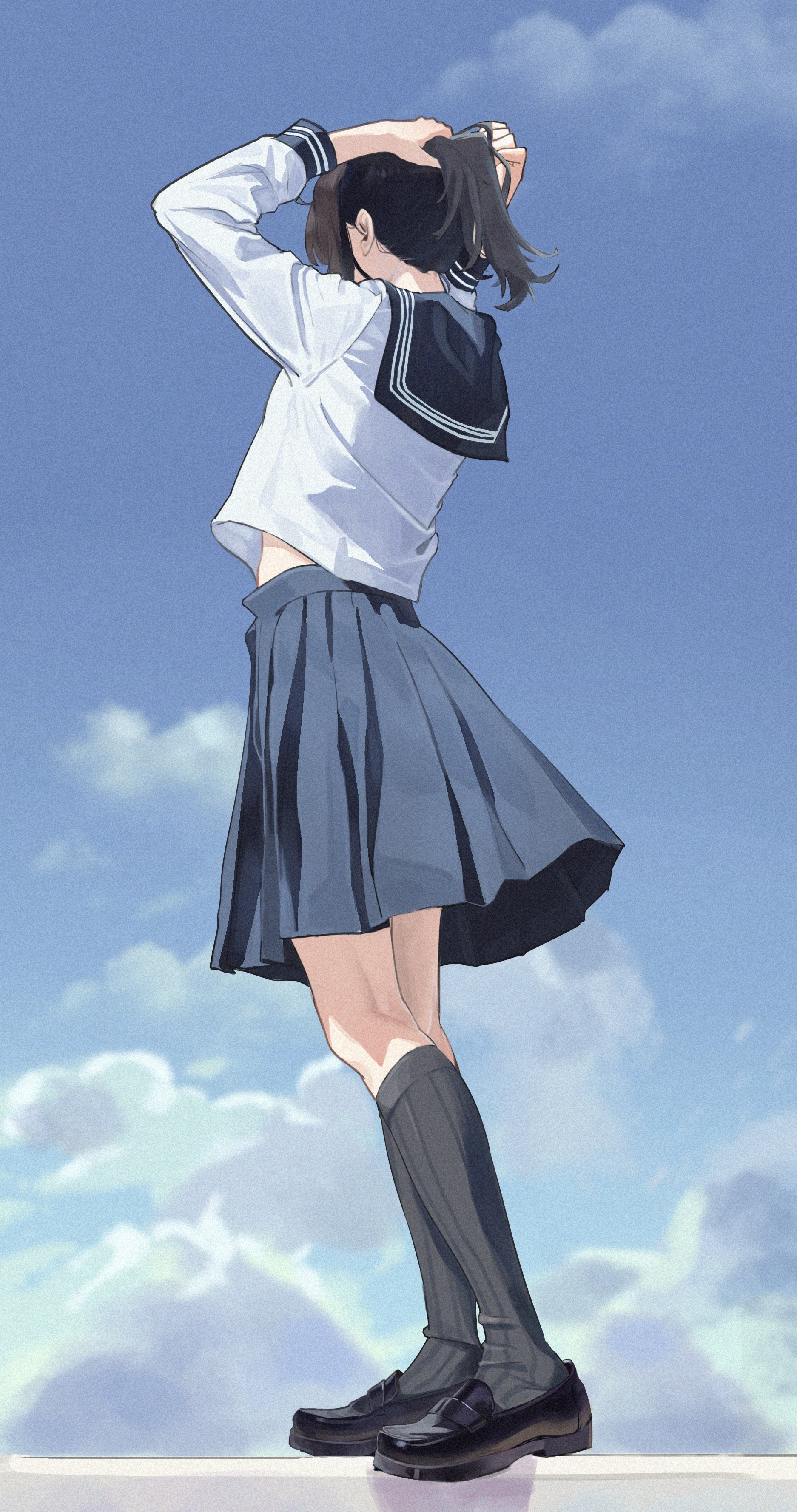 juwei yaodai mao, original, absurdres, chinese commentary, commentary, highres, 1girl, arms behind head, black sailor collar, black shoes, black skirt, black socks, blue sky, cloud, day, film grain, from behind, from below, full body, holding, holding own hair, kneehighs, loafers, long sleeves, medium hair, medium skirt, outdoors, pleated skirt, ponytail, sailor collar, school uniform, serafuku, shirt, shoes, sidelocks, skirt, sky, socks, solo, straight hair, tying hair, white shirt