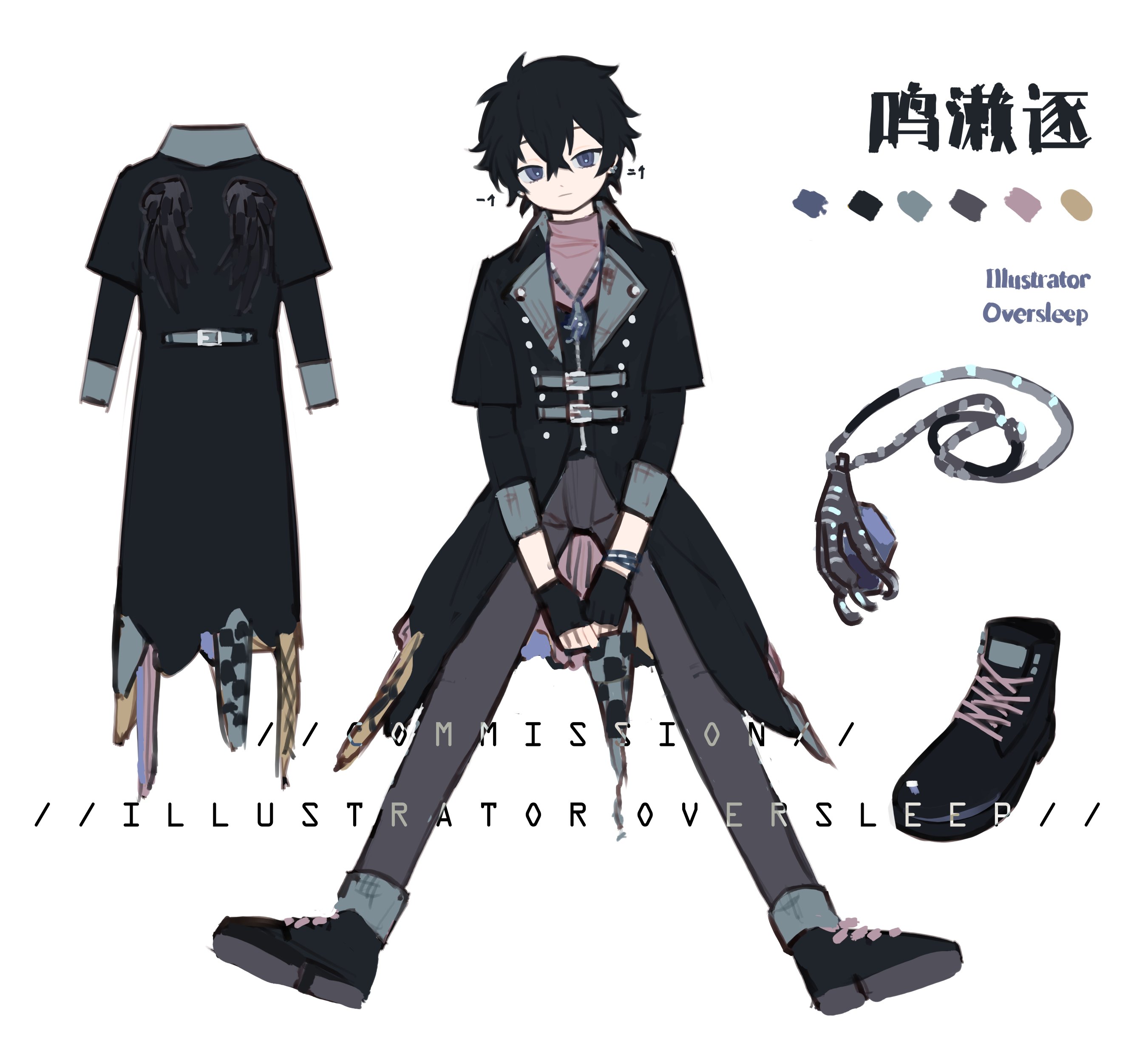 oversleep, original, absurdres, highres, 1boy, belt, black coat, black gloves, black hair, black jacket, black shoes, blue eyes, character name, chinese text, coat, color guide, english text, fingerless gloves, full body, gloves, grey pants, hair between eyes, jacket, jewelry, long sleeves, male focus, necklace, pants, reference sheet, shoes, short hair, simple background, sitting, solo, white background