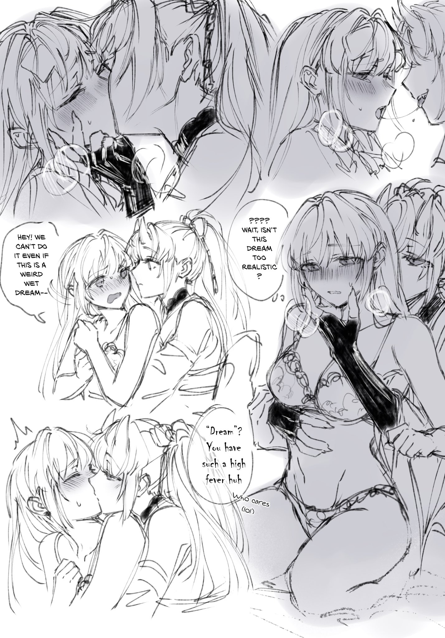 zenma trang, otomune kozue, otomune kozue (setsubun -mi-), otomune kozue (winter loungewear), link! like! love live!, love live!, commentary, highres, translation request, 2girls, alternate species, blush, bra, closed eyes, dual persona, elbow gloves, fingerless gloves, forced kiss, gloves, greyscale, hair intakes, half-closed eyes, hand on another's cheek, hand on another's face, heavy breathing, kiss, long hair, monochrome, multiple girls, nose blush, oni, open mouth, panties, person and alternate species, raised inner eyebrows, saliva, saliva trail, selfcest, sidelocks, speech bubble, thought bubble, underwear, underwear only, virtual youtuber, wavy mouth, yuri