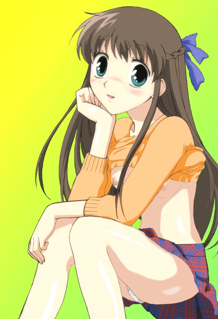 honda tooru, fruits basket, 1girl, blue eyes, blush, bow, braid, breasts, brown hair, clothes lift, female focus, gradient background, long hair, looking at viewer, midriff, miniskirt, panties, plait, shirt lift, simple background, skirt, small breasts, solo, underwear