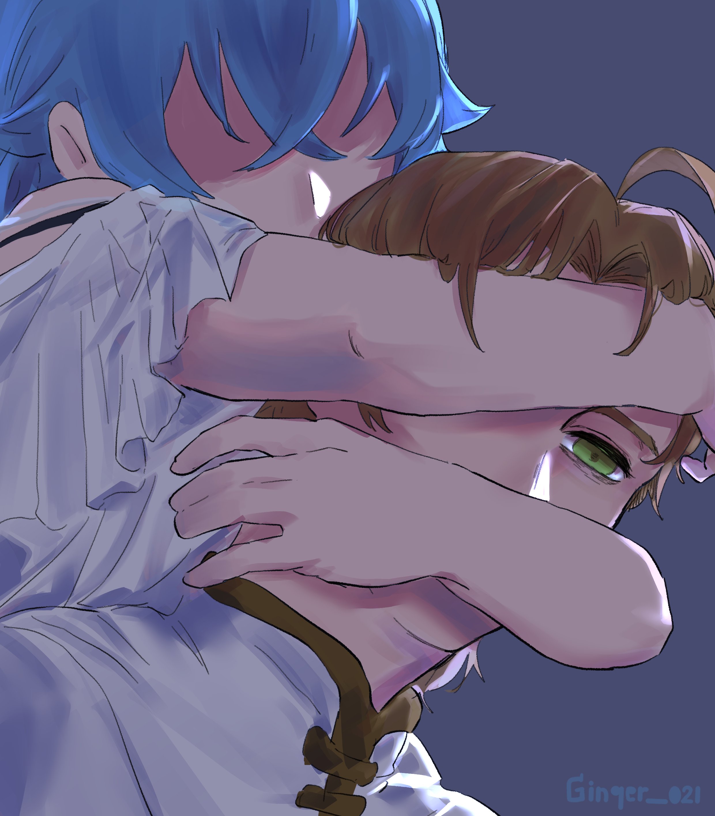 roxy migurdia, rudeus greyrat, mushoku tensei, absurdres, highres, 1boy, 1girl, ahoge, blue hair, brown hair, ginqer021, green eyes, head hug, hug, hug from behind, husband and wife