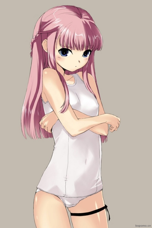 garters, blush, braid, flat chest, long hair, one-piece swimsuit, plait, school swimsuit, swimsuit