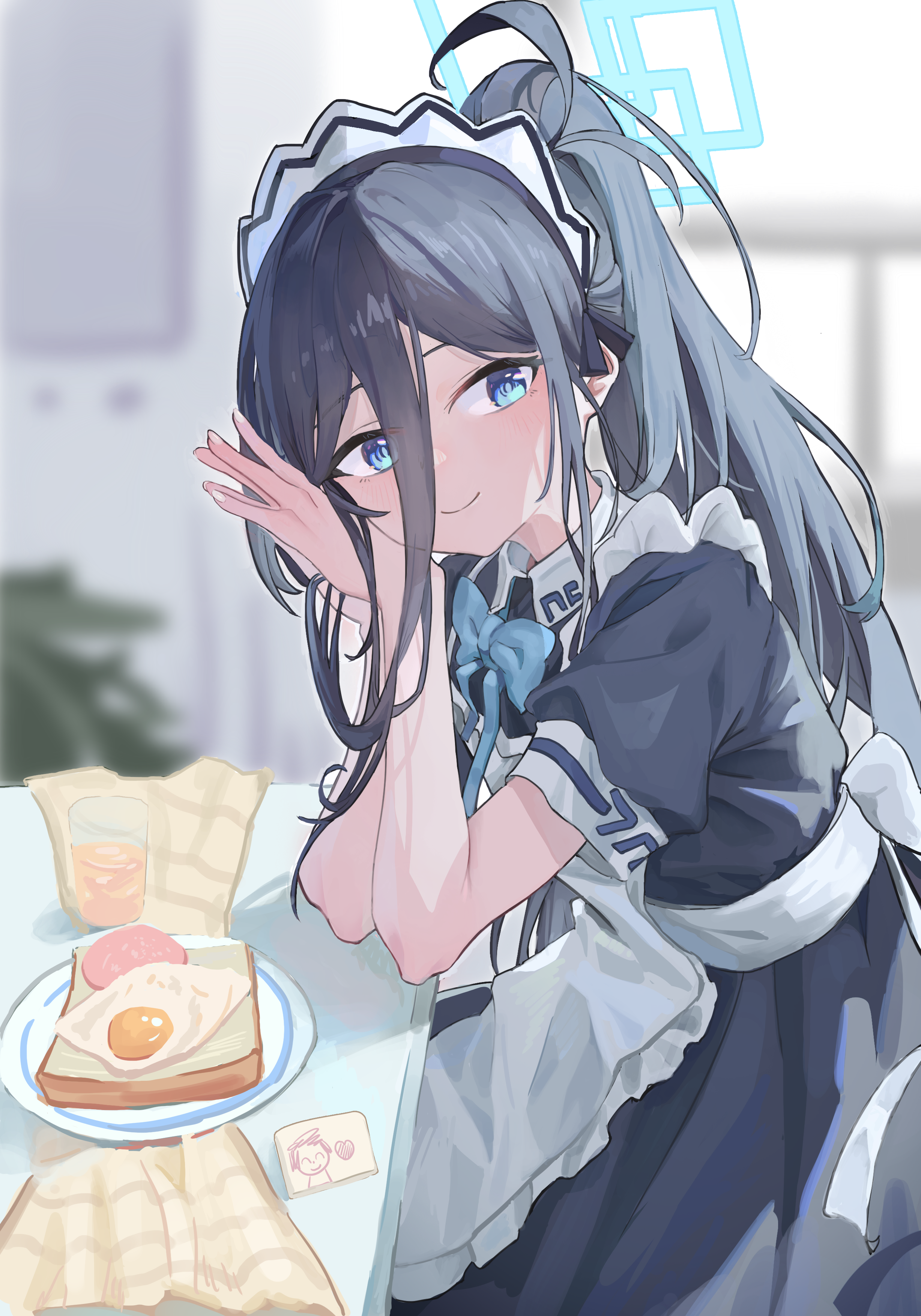 juwei yaodai mao, aris (blue archive), aris (maid) (blue archive), doodle sensei (blue archive), sensei (blue archive), blue archive, absurdres, chinese commentary, commentary request, highres, 1girl, apron, back bow, black dress, blue bow, blue bowtie, blue eyes, blue halo, blurry, blurry background, blush, bow, bowtie, bread, bread slice, character print, closed mouth, cowboy shot, double-parted bangs, dress, elbows on table, eyelashes, food, frilled apron, frills, from side, hair between eyes, halo, hands up, heart, indoors, leaning forward, long hair between eyes, looking at viewer, maid, maid apron, maid headdress, millennium science school logo, official alternate costume, official alternate hairstyle, own hands clasped, own hands together, ponytail, puffy short sleeves, puffy sleeves, rectangular halo, short sleeves, sitting, smile, solo, table, toast, tsurime, white apron, white bow