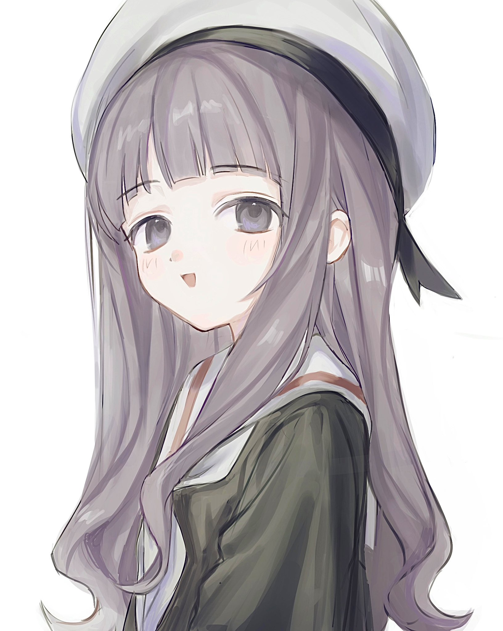 6nemua, daidouji tomoyo, cardcaptor sakura, highres, 1girl, black shirt, blunt bangs, grey eyes, grey hair, hat, long hair, long sidelocks, looking at viewer, open mouth, sailor collar, shirt, sidelocks, simple background, smile, solo, upper body, white background, white hat, white sailor collar