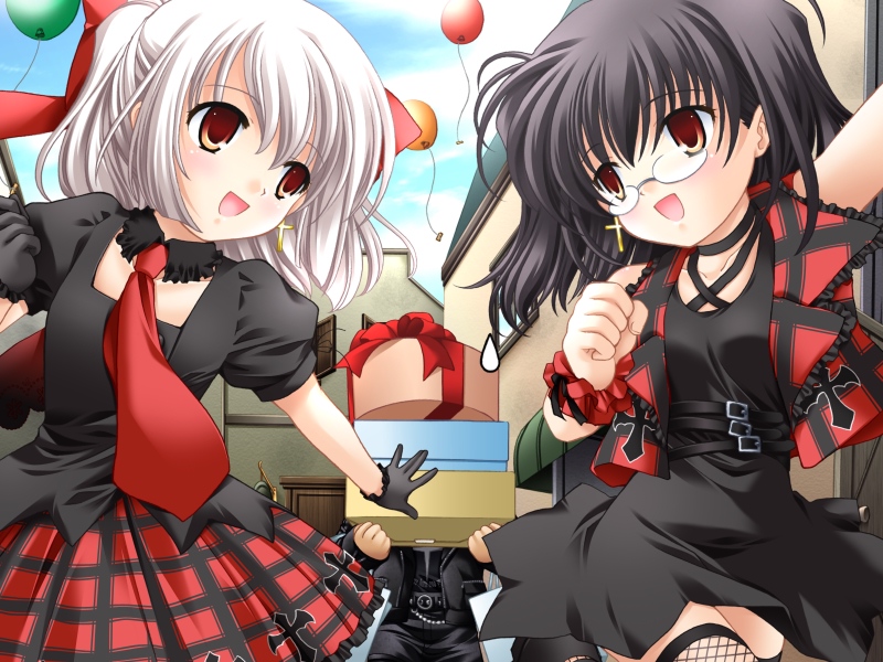natsuki (triptych), nayuta (triptych), riona, alcot, triptych, 1boy, 2girls, balloon, blush, flat chest, glasses, goth fashion, happy, long hair, multiple girls, necktie, outdoors, short hair, skirt, smile, thighhighs, twintails