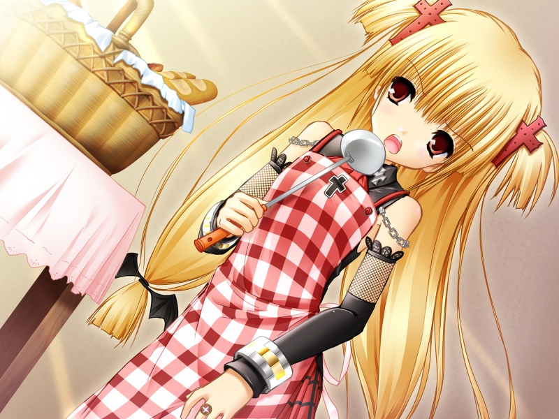 nimura yuuji, karen (triptych), alcot, triptych, 1girl, angry, apron, blonde hair, dutch angle, elbow gloves, female focus, gloves, goth fashion, indoors, ladle, long hair, looking at viewer, skirt, solo, twintails
