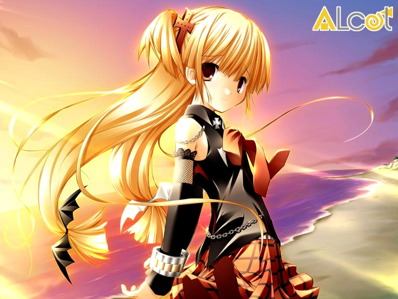 nimura yuuji, karen (triptych), alcot, triptych, 1girl, blonde hair, elbow gloves, female focus, gloves, goth fashion, long hair, looking at viewer, looking back, skirt, solo, twintails
